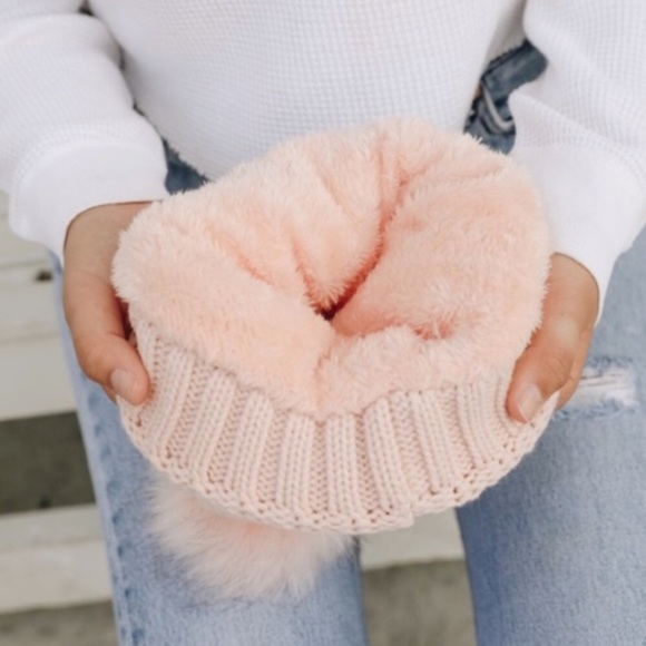 Knit Pom Pom beanie with plush lining. Pink, hat, cap, winter, soft, warm, lined - Picture 2 of 5
